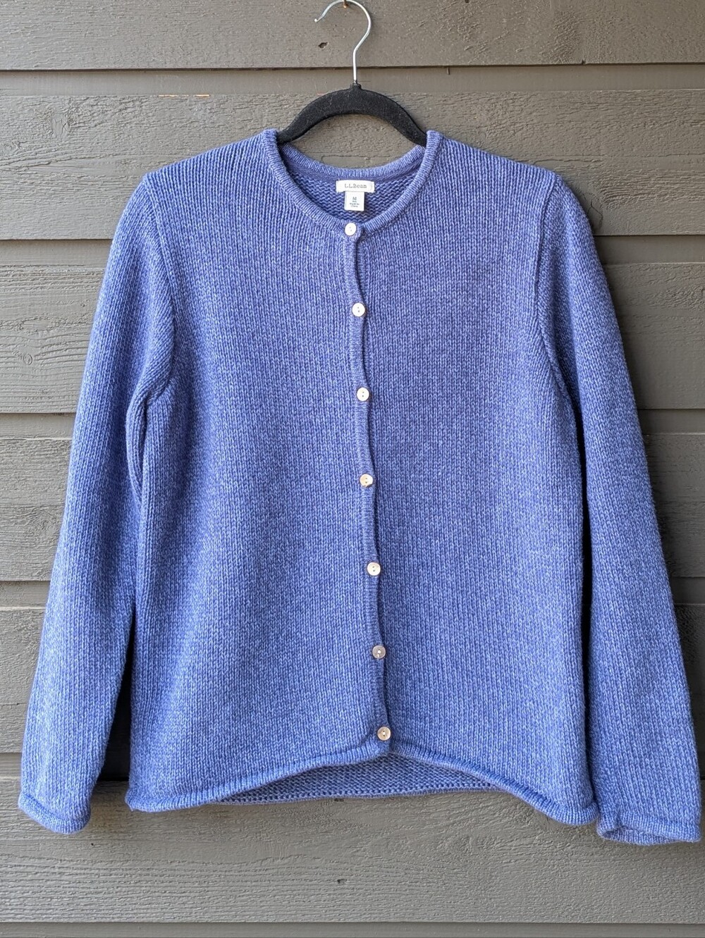 L.L. Bean 100% Cotton Marled Blue Button-Front Knit Cardigan Medium